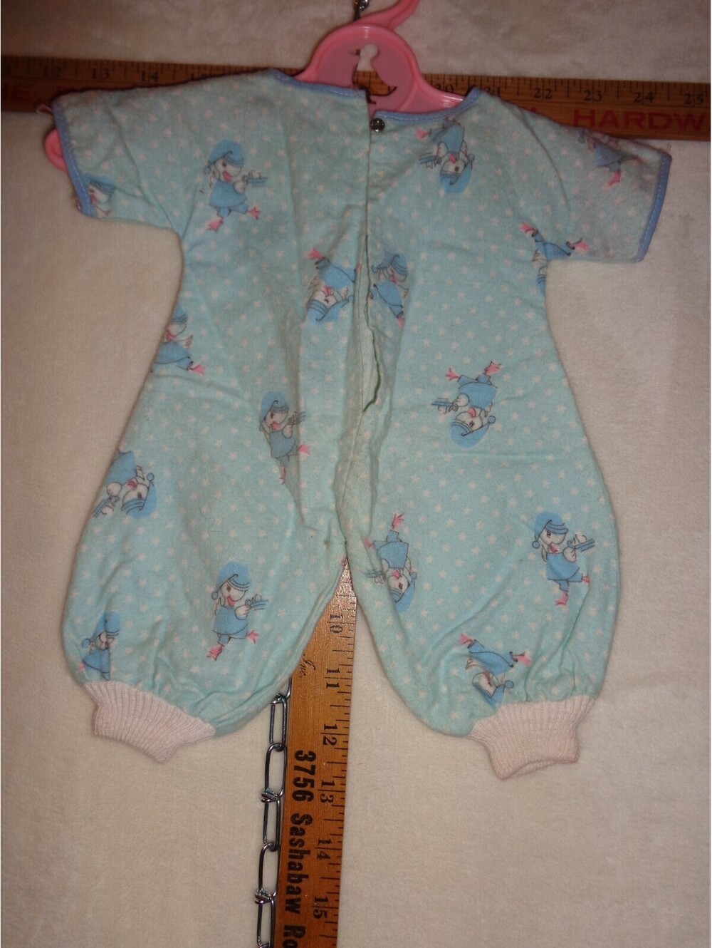 Vintage Infant Doll Sleeper Romper Light Blue Duck Print Ribbed Cuffs